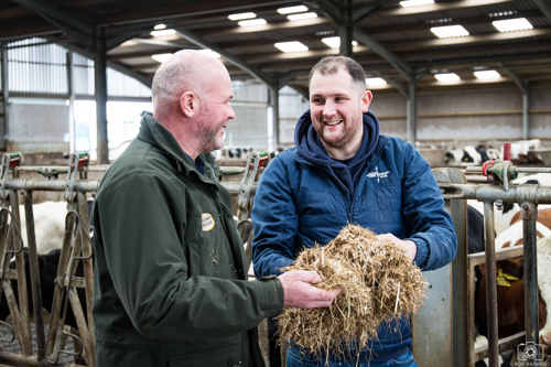 two men discussing cattle whilst holding hay in farm warehouse