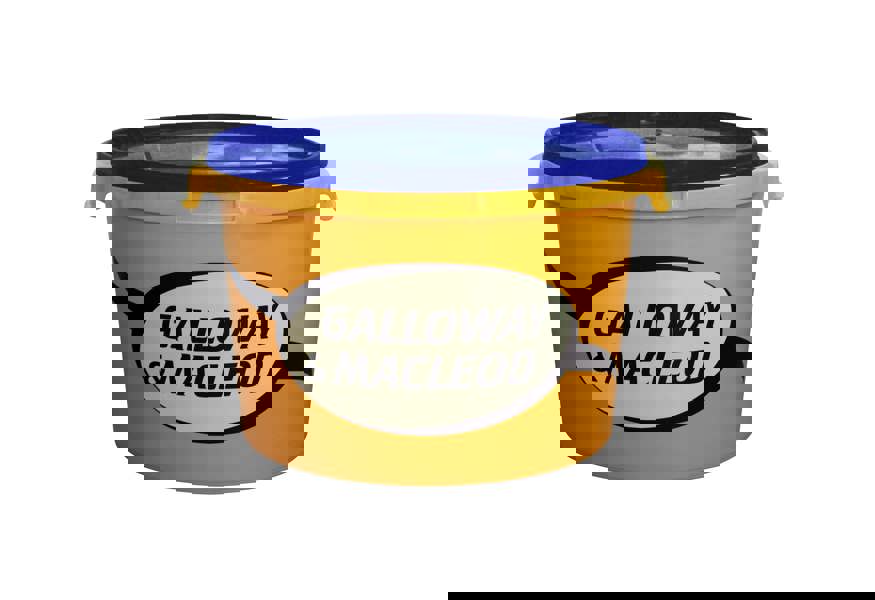 yellow bucket with blue lid and galloway and macleod branding